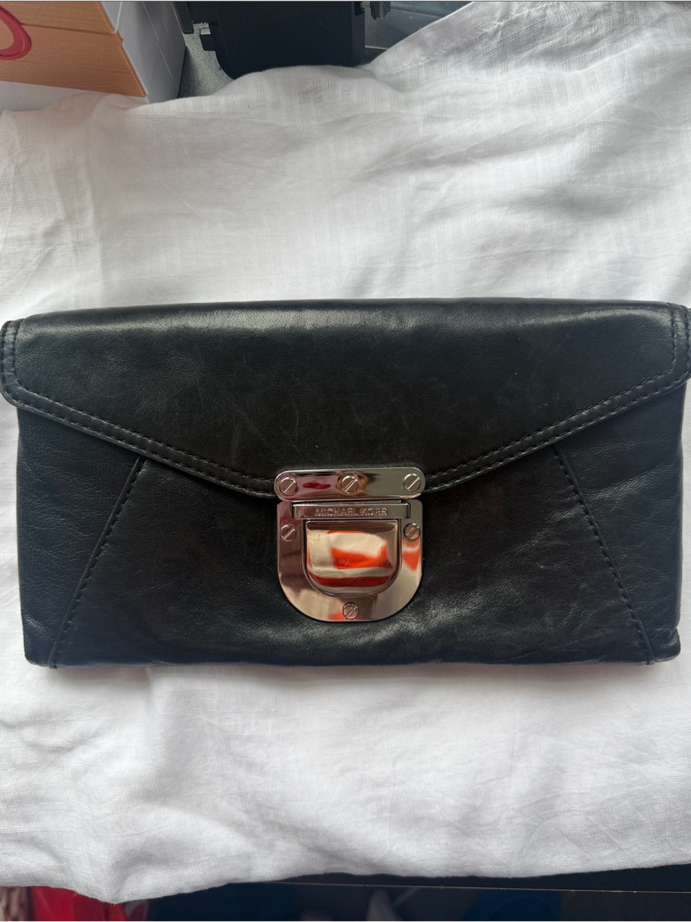 Michael Kors Black Leather Envelope Clutch with Silver-Tone Lock